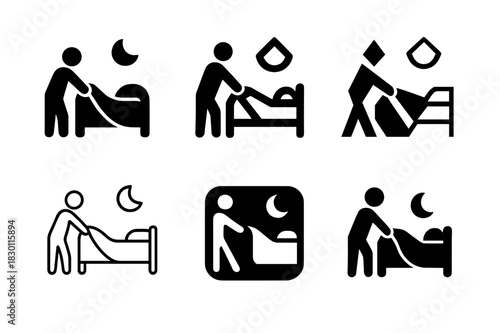 Bedtime Logo Variations. Making the bed for the night. Icon set. Set Logo of making the bed for the night: person tucking in sheets. harmonious logo variations