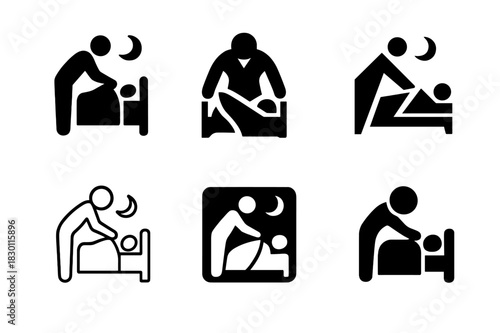 Bedtime Logo Variations. Making the bed for the night. Icon set. Set Logo of making the bed for the night: person tucking in sheets. harmonious logo variations