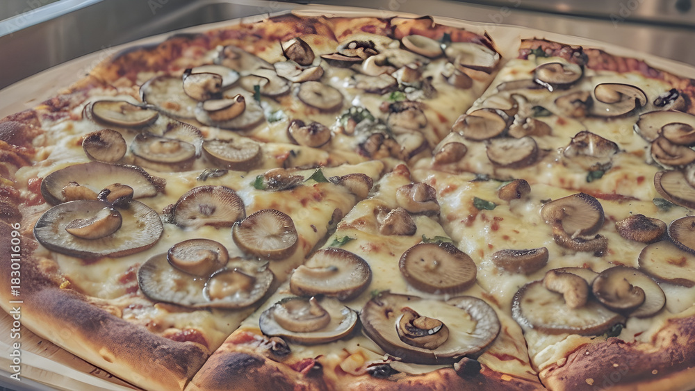 Fototapeta premium Delicious Gourmet Mushroom Pizza Preparation Close-up in Kitchen