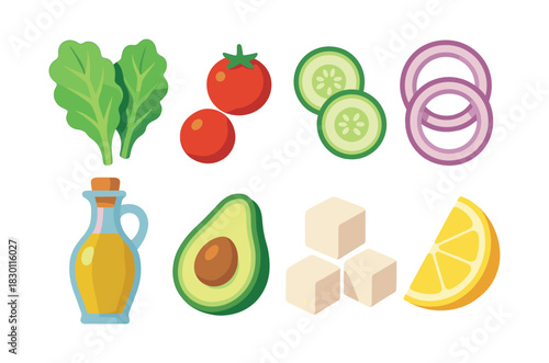 Salad ingredients vector illustration, flat vector style with avocado and onion slices