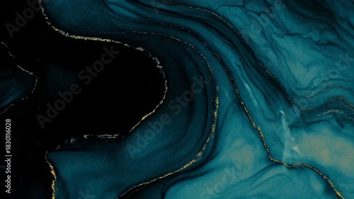 An abstract artwork featuring swirling dark blue and teal hues with golden accents, resembling a fluid design.