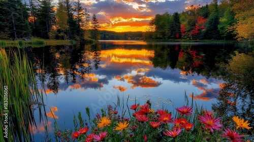 A golden sunset over a peaceful lake and wildflowers