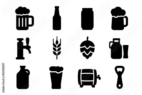 Beer Icon Set. Beer. Solid icon set of beer: beer mug, beer bottle, beer can, foam head, beer tap, barley, hop cone, beer flight, growler, pint glass, beer