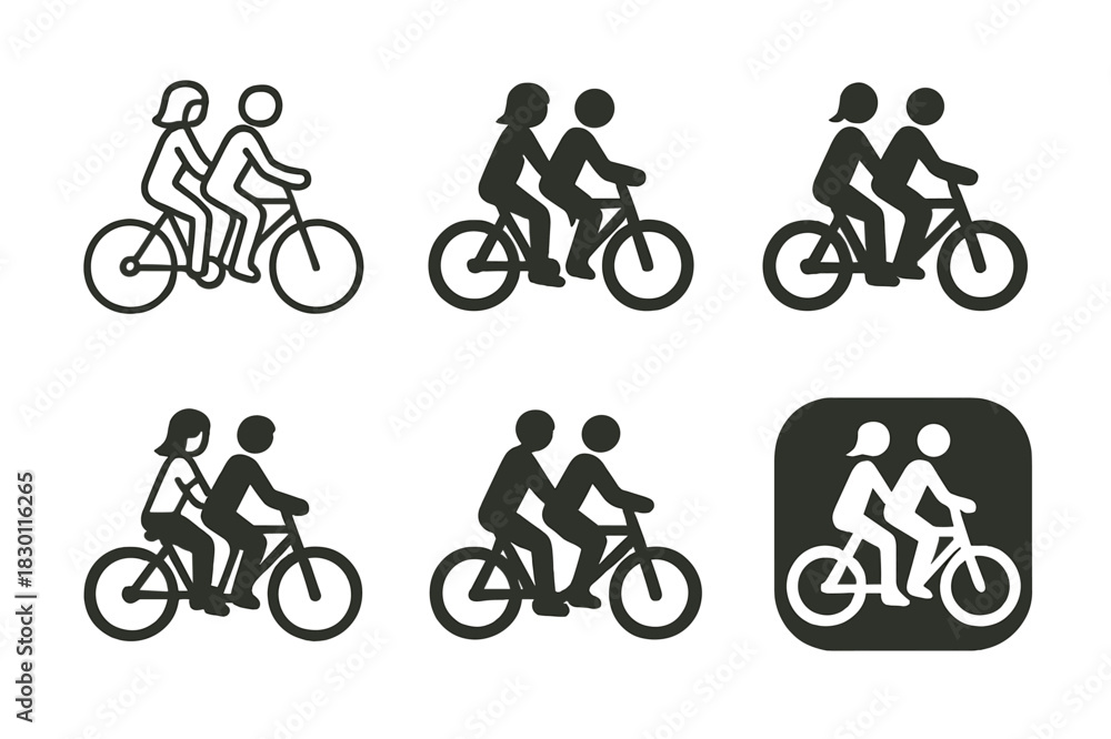 Fototapeta premium Bicycle Couple Logos. Traveling together. Icon set. Set Logo of couple on bicycle. harmonious logo variations of the same emblematic concept (Minimal outline,