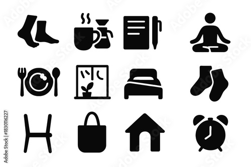 Beige Lifestyle Icons. Beige lifestyle. Solid icon set of Beige lifestyle: walking barefoot, slow coffee, journaling, home yoga, mindful eating, sunlit room,