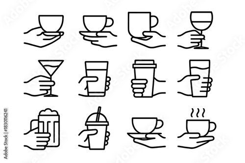 Beverage Holders Icons. Beverage Holders. Line icon set of Beverage Holders: hand holding coffee cup, hand holding tea cup, hand holding mug, hand holding wine
