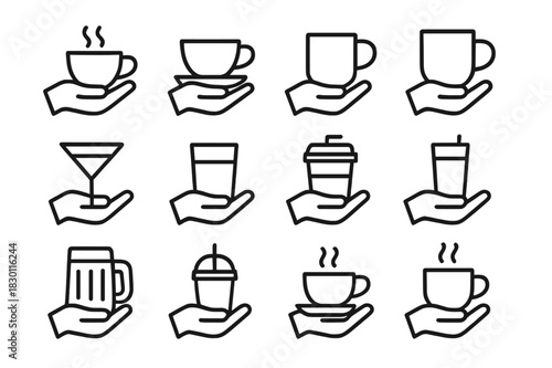 Beverage Holders Icons. Beverage Holders. Line icon set of Beverage Holders: hand holding coffee cup, hand holding tea cup, hand holding mug, hand holding wine
