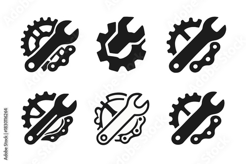Bicycle Repair Logos. Fixing a bicycle. Icon set. Set Logo of fixing a bicycle: Bicycle chain and gears. harmonious logo variations of the same emblematic