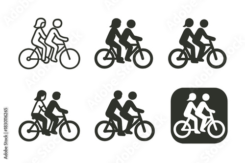 Bicycle Couple Logos. Traveling together. Icon set. Set Logo of couple on bicycle. harmonious logo variations of the same emblematic concept (Minimal outline,