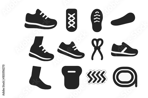 Black Sneakers Icons. Sneakers. Solid icon set of sneakers: running shoe, lace, tread, sole, foot, pair of shoes, loop, side stripe, sock, tongue, stitch,