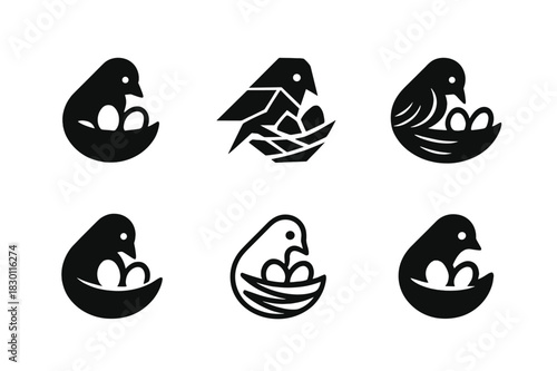 Bird Nest Logos. Nest. Icon set. Set Logo of nest: mother bird caring for eggs. harmonious logo variations of the same emblematic concept, each with different