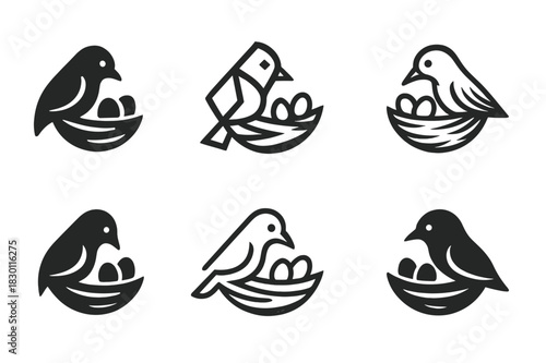 Bird Nest Logos. Nest. Icon set. Set Logo of nest: mother bird caring for eggs. harmonious logo variations of the same emblematic concept, each with different