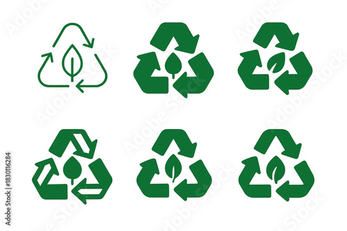 Biodegradable Icon Set. Biodegradable materials. Icon set. Set Logo of biodegradable materials: leaf and recycling symbol. harmonious logo variations of the