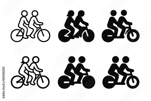 Bicycle Couple Logos. Traveling together. Icon set. Set Logo of couple on bicycle. harmonious logo variations of the same emblematic concept (Minimal outline,