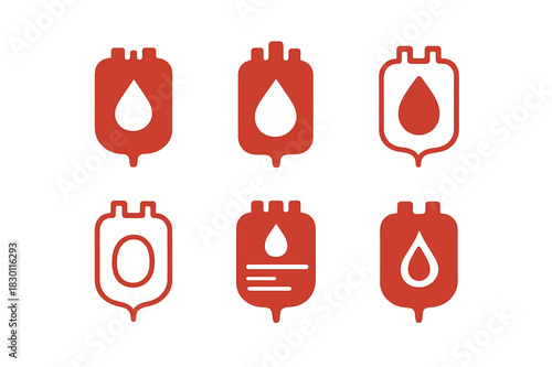 Blood Donation Logos. Blood. Icon set. Set Logo of blood: blood donation bag. harmonious logo variations of the same emblematic concept, each with different