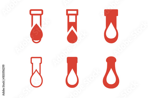 Blood Sample Logos. Blood sample in test tube. Icon set. Set Logo of blood sample: test tube and droplet. harmonious logo variations of the same emblematic