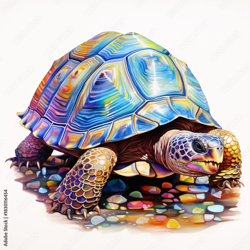 Naklejka premium Colorful tortoise with a vibrant shell stands on a rocky surface