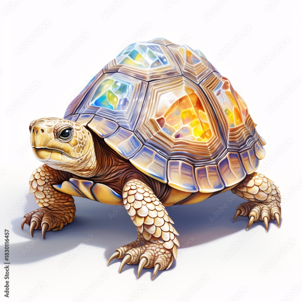 Fototapeta premium Stylized turtle with a geometric shell and golden skin stands on white background
