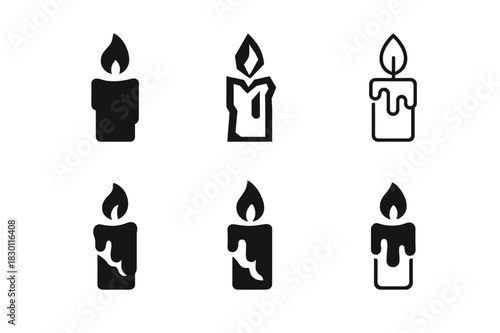 Candle Logo Variations. Candle Light. Icon set. Set Logo of Candle Light: melting wax and flame. harmonious logo variations of the same emblematic concept,