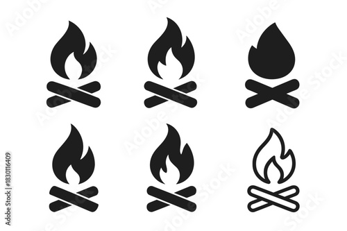Campfire Logo Variations. Campfire. Icon set. Set Logo of campfire: Minimal flame shape. harmonious logo variations of the same emblematic concept, each with