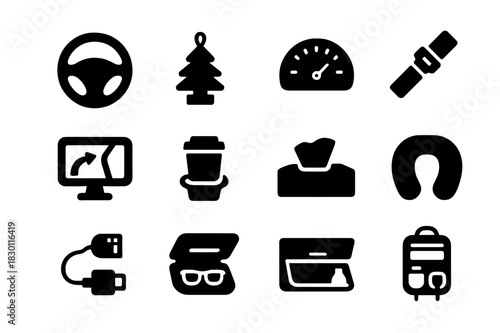 Car Interior Icons. Car Interior Essentials. Solid icon set of Car Interior Essentials: steering wheel, air freshener, dashboard, seat belt, GPS device, cup