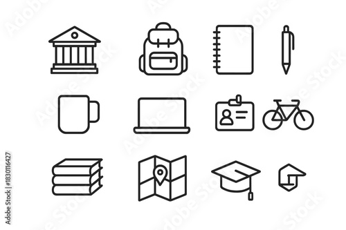 Campus Life Icons. Campus life. Line icon set of campus life: library, dorm building, backpack, notebook, pen, coffee mug, laptop, student ID, bicycle, books,