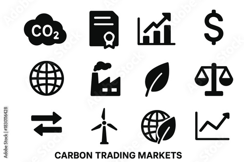 Carbon Trading Icons. Carbon trading markets. Solid icon set of carbon trading markets: CO2 icon, carbon credit certificate, emission graph, dollar sign,