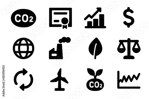 Carbon Trading Icons. Carbon trading markets. Solid icon set of carbon trading markets: CO2 icon, carbon credit certificate, emission graph, dollar sign,