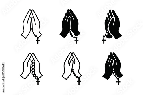 Catholic Prayer Icons. Catholic prayers. Icon set. Set Logo of Catholic prayers: praying hands with rosary. harmonious logo variations of the same emblematic