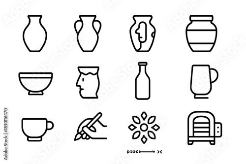 Ceramic Art Icons. Ceramic Art. Line icon set of Ceramic Art: clay vase, amphora, potter?s wheel, jar, bowl, sculptural vase, bottle, mug, cup, handcraft,