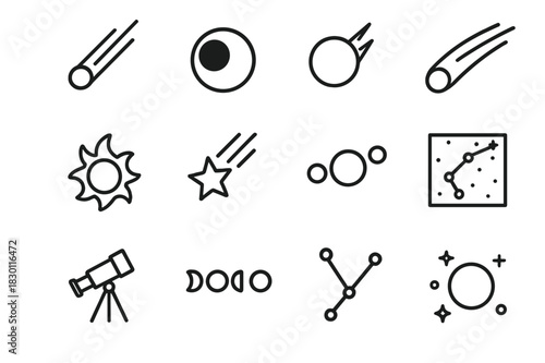 Celestial Icon Set. Celestial events. Line icon set of celestial events: meteor streak, eclipse, full moon, comet tail, solar flare, shooting star, planet