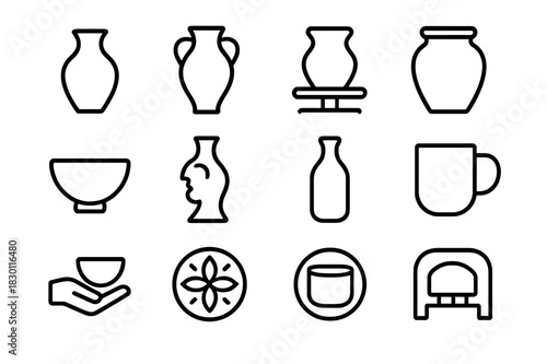 Ceramic Art Icons. Ceramic Art. Line icon set of Ceramic Art: clay vase, amphora, potter?s wheel, jar, bowl, sculptural vase, bottle, mug, cup, handcraft,