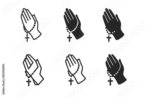 Catholic Prayer Icons. Catholic prayers. Icon set. Set Logo of Catholic prayers: praying hands with rosary. harmonious logo variations of the same emblematic