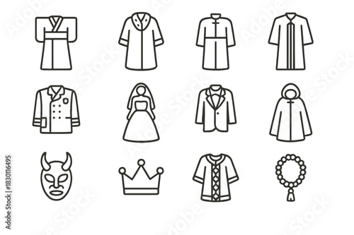 Ceremonial Icon Set. Ceremonial wear. Line icon set of ceremonial wear: wedding kimono, royal robe, priest outfit, graduation gown, military uniform, bride