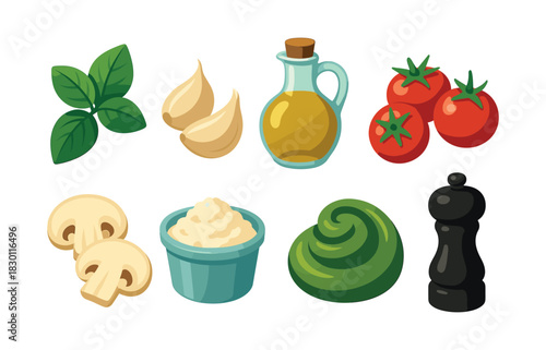 Cooking ingredients flat vector illustration with herbs, garlic, and oil