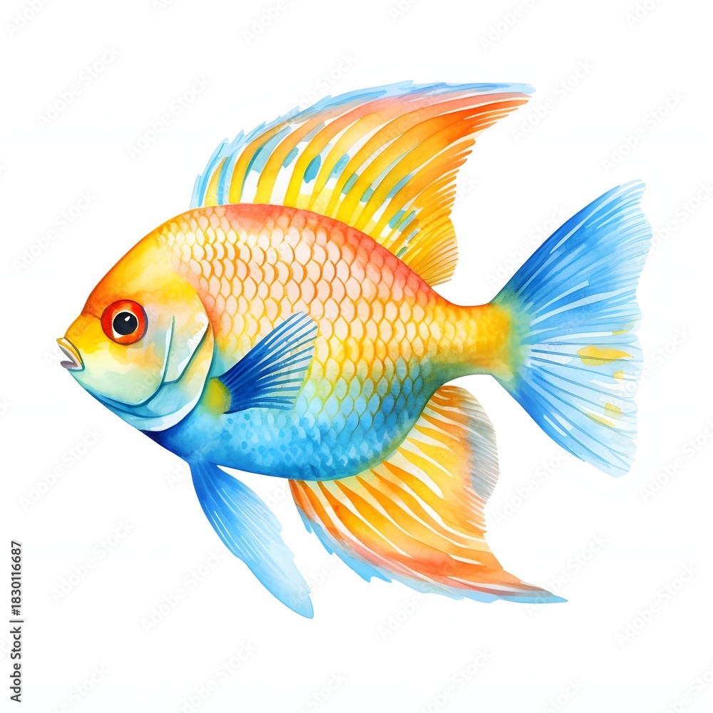 Fototapeta premium Watercolor illustration of a colorful angelfish swimming in the ocean
