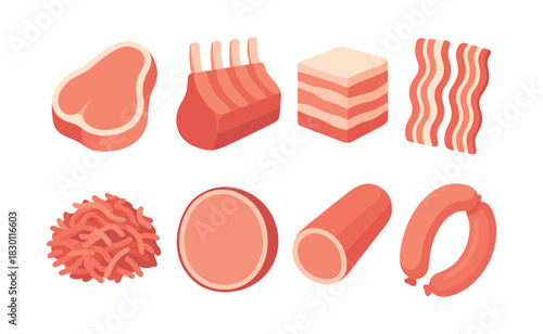 Meat cuts and charcuterie, steak, sausage, bacon, flat vector illustration