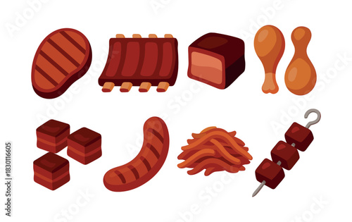Barbecue food selection, grilled meats, sausages, flat vector illustration
