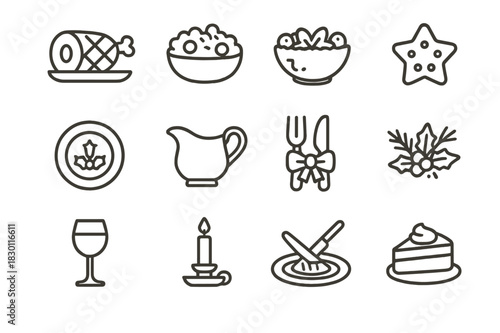 Christmas Meal Icons. Christmas meal. Line icon set of Christmas meal: glazed ham, stuffing, holiday salad, Christmas cookie, decorated plate, gravy pitcher,