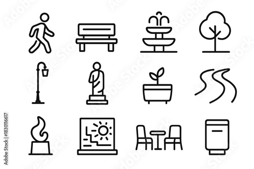 City Pedestrian Icons. City Pedestrian Zone. Line icon set of City Pedestrian Zone: walking person, bench, fountain, tree, street lamp, sculpture, planter,