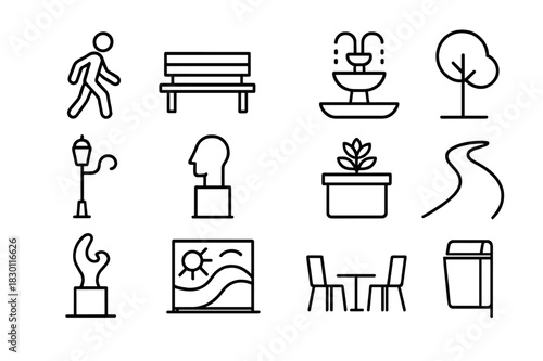 City Pedestrian Icons. City Pedestrian Zone. Line icon set of City Pedestrian Zone: walking person, bench, fountain, tree, street lamp, sculpture, planter,