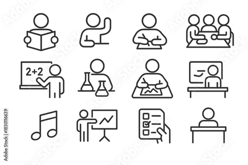 Class Activities Icons. Class activities. Line icon set of class activities: reading book, raising hand, writing notes, group project, math board, science