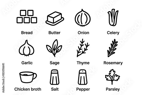 Classic Stuffing Icons. Classic Stuffing. Line icon set of Classic Stuffing: bread cubes, butter, onion, celery, garlic, sage, thyme, rosemary, chicken broth,