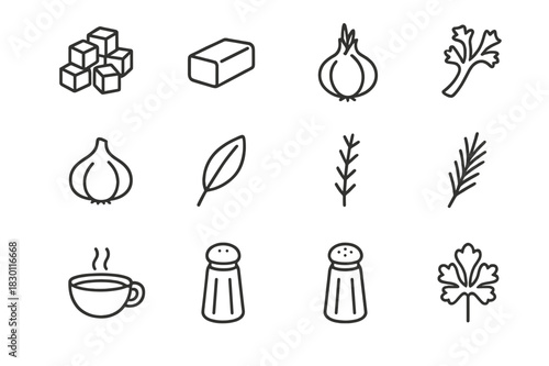 Classic Stuffing Icons. Classic Stuffing. Line icon set of Classic Stuffing: bread cubes, butter, onion, celery, garlic, sage, thyme, rosemary, chicken broth,