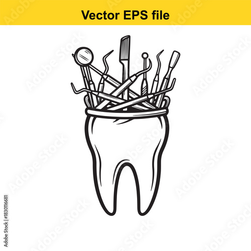 Black and white vector illustration of various dental tools and instruments held inside a large molar tooth, isolated on white background