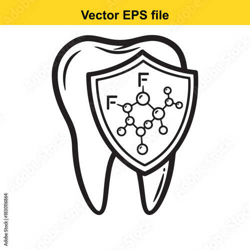 Black and white outline icon of a tooth protected by a shield displaying the chemical structure of fluoride, symbolizing dental protection and health, isolated on white background
