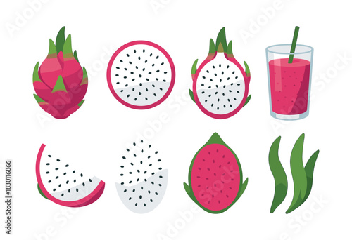 Dragon fruit collection, flat vector illustration with smoothie, slice, exotic juice