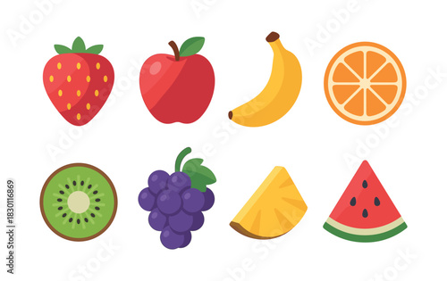 Fruit collection, apple, banana, orange and more, flat vector illustration