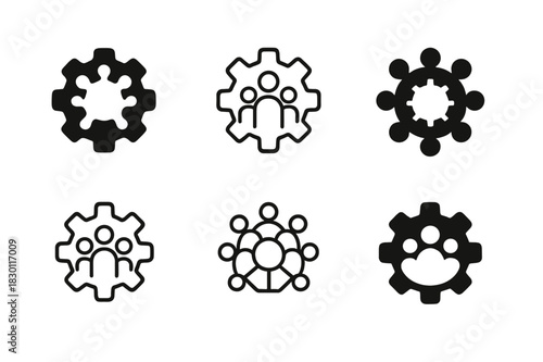 Collectivist Icon Set. Collectivist. Icon set. Set Logo of collectivist: teamwork gear with human silhouettes as cogs. harmonious logo variations of the same