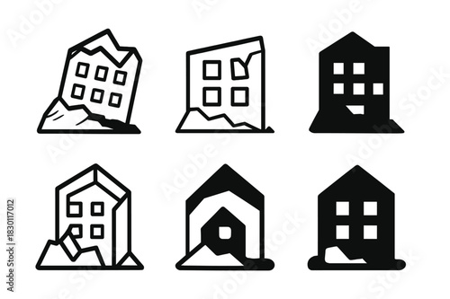 Collapsed Buildings Icons. Collapsed buildings. Icon set. Set Logo of Collapsed buildings: Crumbled roof. harmonious logo variations of the same emblematic